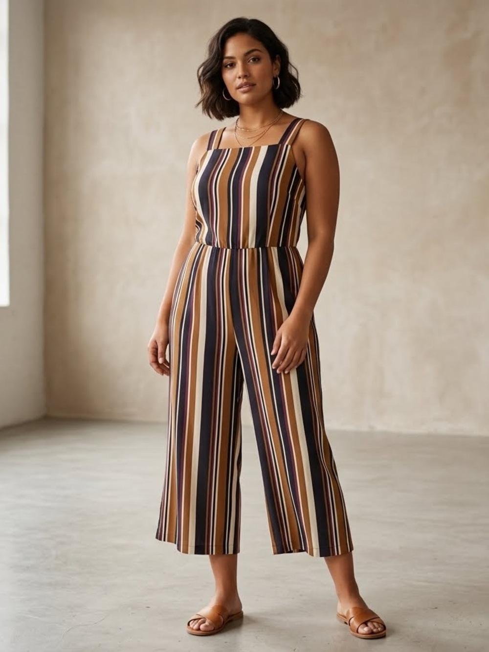 by & by Striped Wide Leg Jumpsuit Size Large Boho EUC